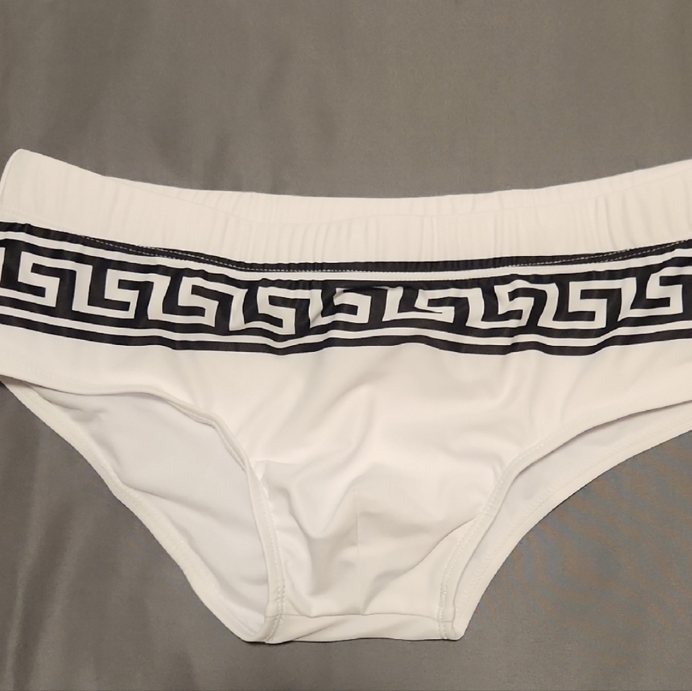 White Swim Briefs with Black Greek Key Pattern